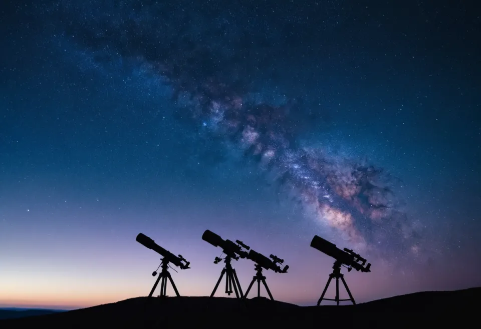 Plusieurs télescopes alignés sous la Voie lactée