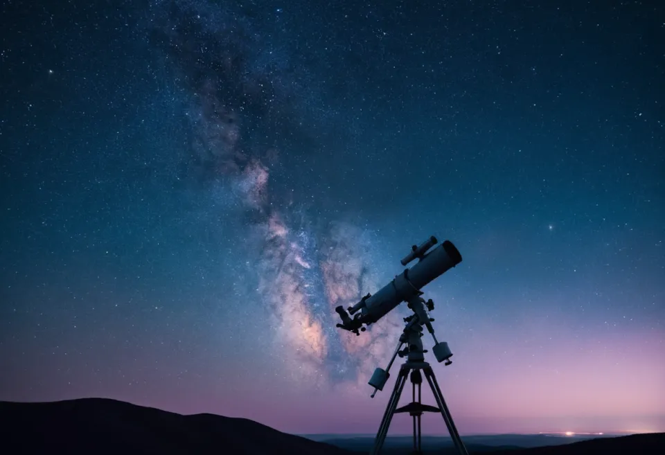 Un télescope pointé vers le ciel au-dessus d'un paysage nocturne